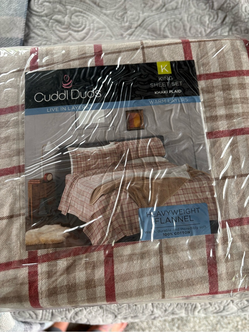 Cuddl Duds Khaki Plaid Sheet Set with Red Windowpane